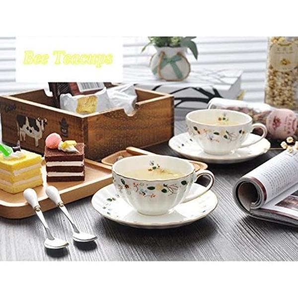 Blomster- och Bie-Teekoppar och Fat, Kaffe Benporslin Mugg 1 Set (1 Kopp och 1 Tallrik)