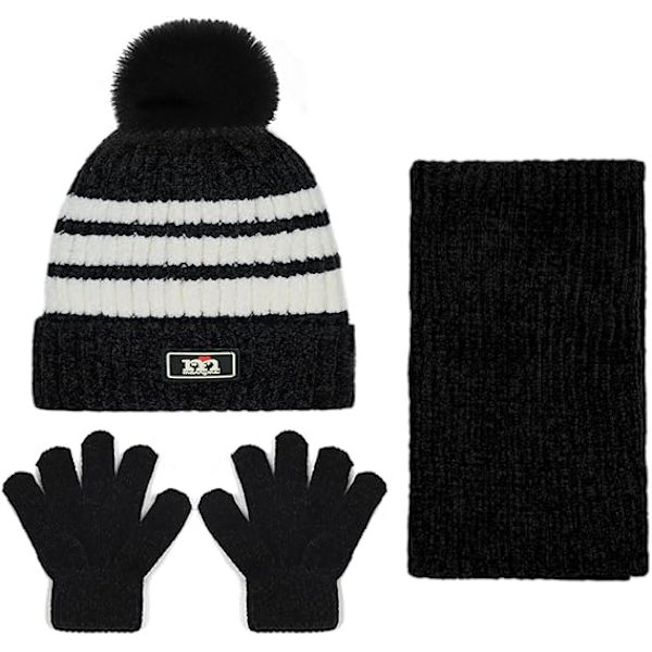 3-pack Vintermössa, Halsduk och Vantar för Barn 2-8 år - Pojkar och Flickor. Vintertillbehör Set, Tjock Stickad Varm Fleecefodrad Termisk Set Black