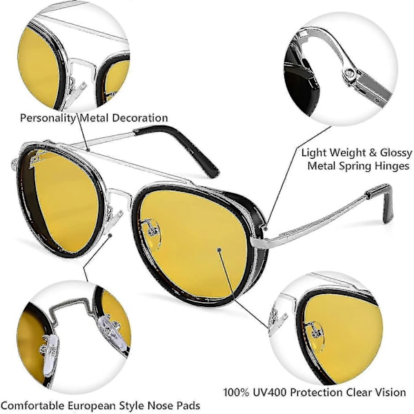Retro Punk -aurinkolasit, pyöreät punk-tyyliset kaksoissiltalasit naisille ja miehille B2822 Yellow Lens