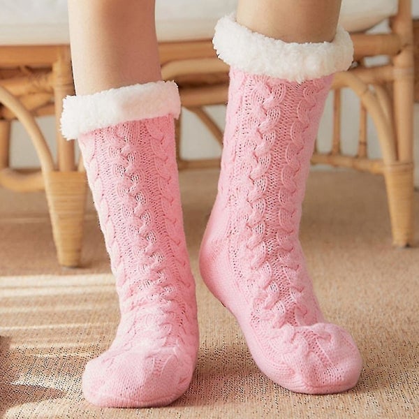 Dam Fleece Golvstrumpor Kabelstickade Tjocka Halkfria För Att Hålla Värmen apink