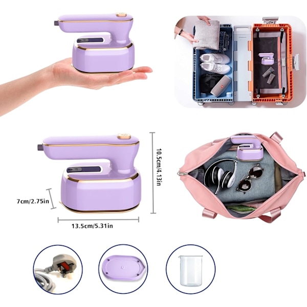 1 stk Rejse Strygejern, 1000W Foldbar Håndholdt Mini Dampstrygejern, 180° Drejeligt Håndtag Strygejern Purple