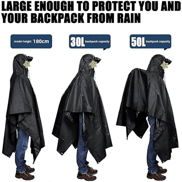 Regnkappa 3 i 1 Regnponcho Multifunktionell Regnrock Poncho Regnponcho Vuxen Vattentät Återanvändbar Black
