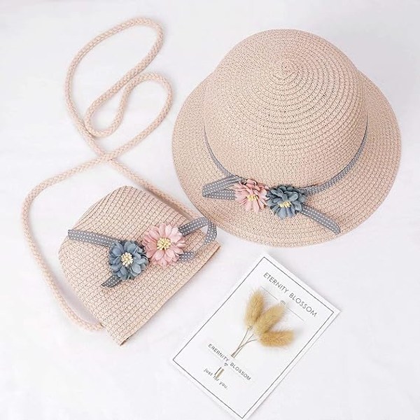 Solhatt Sommar Strand Halmhattar och Mini Söt Väska Set med Blommor Dekoration för Semester Utomhusaktiviteter Pink