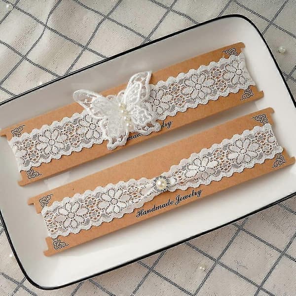 2 stk. sommerfugl hvite blonde strømpebånd elastisk ben bryllup strømpebånd strømpebånd til brud