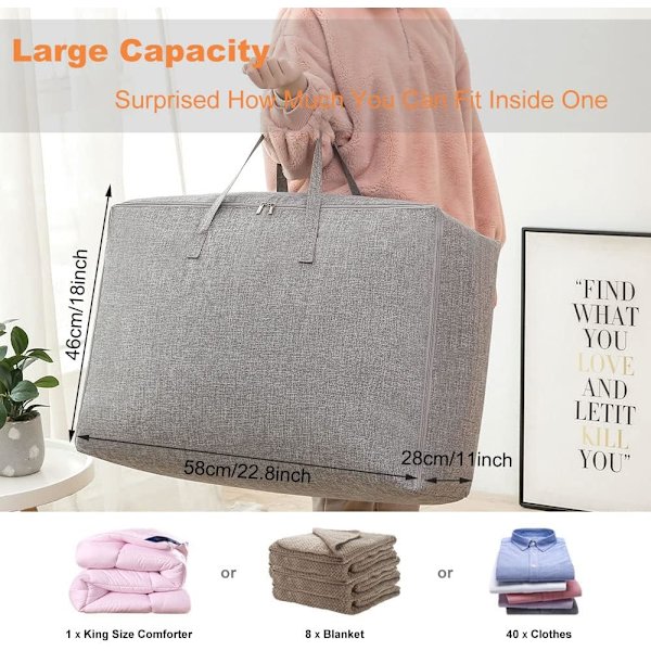 Klær Oppbevaringspose Dyne Oppbevaringsposer King Size Oppbevaringsposer for Dyner Klær Quilt Tepper Sengetøy Dyneposer Under Sengen Oppbevaringsposer med Glidelåser Grey 75L*2PCS