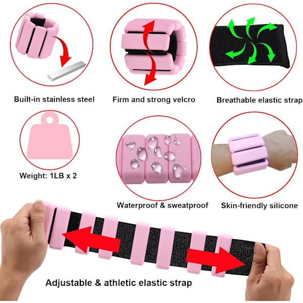 2 stk Justerbare Vekter for Håndledd og Ankel - Sett for Trening, Gåing, Jogging, Yoga, Aerobics, Pilates, Vektbærende Armbånd, Treningsarmbånd pink