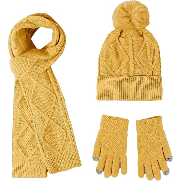 Varm stickad mössa, halsduk och handskar set för damer och flickor, 3 i 1 Pom Yellow