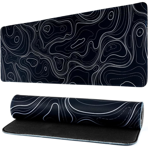 Mouse Pad Topographic Contour Large Desk Mat Long Computer Keyboard Mouse Mat Mousepad with Slip Base Desk Pad Edge for Home Office Work (Black)