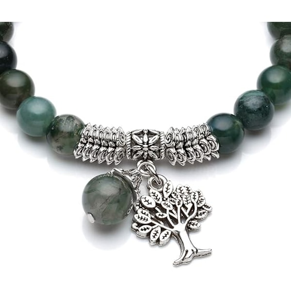 1 stk. Livets Træ Stræk Armbånd Reiki Healing Krystal Ædelsten Perler Armbånd, Fødselsstein Lykke Sten Smykker Moss Agate