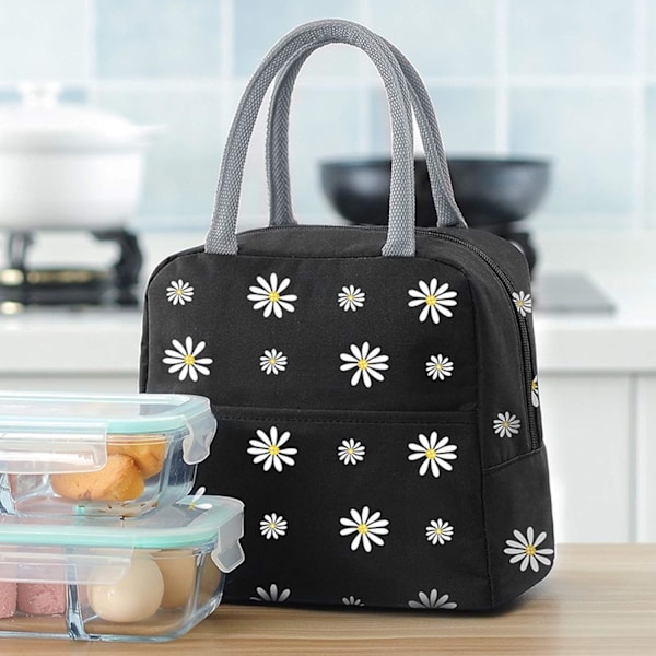 1 stk Isolerende Lunsjpose, Bærbar Termisk Lunsjpose Kjølepose Daisy Mønster Lunsjboks Organizer Tote Bag Black