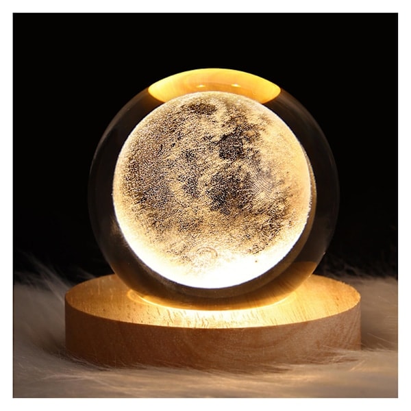 Liten Krystallkule med Trelysbase 3D Glasskule med LED Moon
