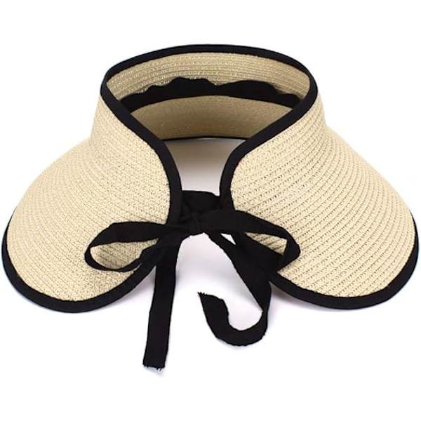 Stor Strandhatt i Halm för Kvinnor, Vikbar Bredbrättad Hatt för Dam, Solskydd, Bucket Hat med Rosett Beige