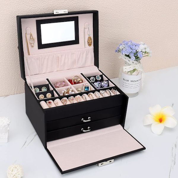 Smyckeskrin Organiser, 3 Lager PU Läder Smyckesförvaringsväska med Spegel och Lås, Låsbar Smyckesorganiserare med 2 Lådor för Ringar Black