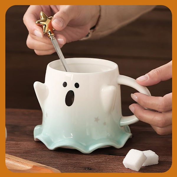 Tekopp, Keramik 11oz Halloween Kaffeemugg med Lock - Vänlig Spöke