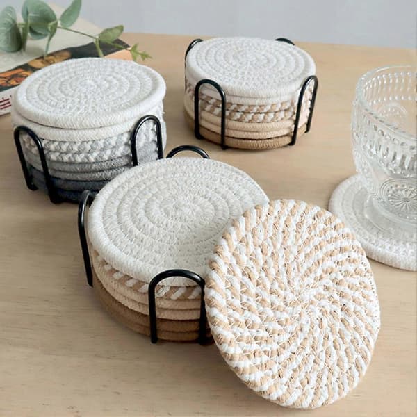8 stk. bomullsvevde coastersett med holder, superabsorberende sklisikre koppmatter for restaurant E