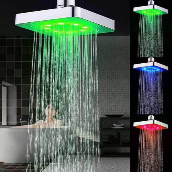 Fyrkantigt LED-duschhuvud, 6-tums LED-duschhuvud i tre färger