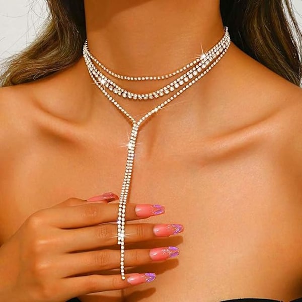 Rhinestone Halskjeder Sølv Lagdelt Halskjede Krystall Halskjede Kjeder Bryllupstilbehør for Kvinner C
