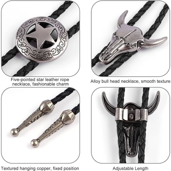 2 kpl Muoti Bolo Solmiot Nahkainen Kaulanauha Lehmän Pääkallo, Ranger Tähti Musta Kaulanauha Länsimainen Cowboy Vintage Bolo Solmio Retro Solmio