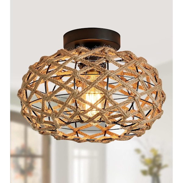 Bohemisk taklampa, semi-flush mount, rotting, rustik belysning, vintage vävd rottinglampa, med vintage vävd burdesign