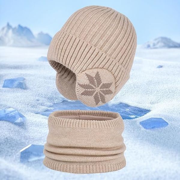 Vintermössa och halsdukssats för barn | Stickad halsduk och mössa för utomhussporter - Snöflingemönster Elastisk förtjockning Utomhussporter Mössa och halsdukssats Beige