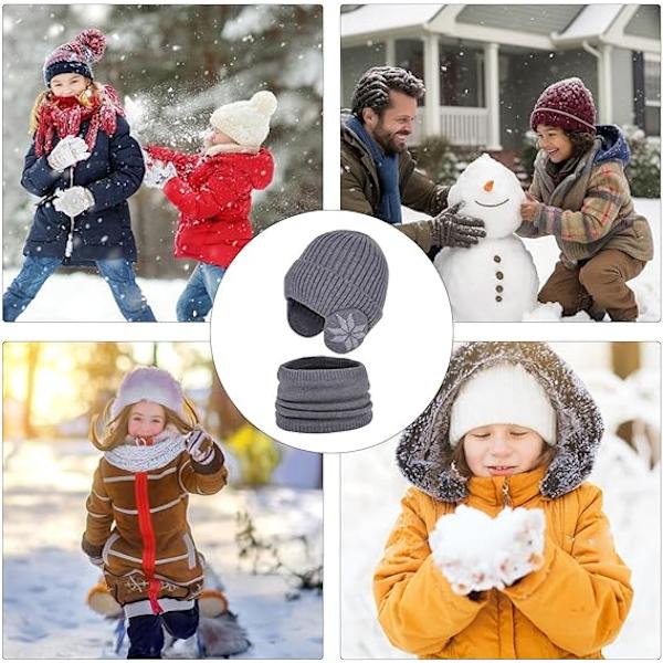 Vintermössa och halsdukssats för barn | Stickad halsduk och mössa för utomhussporter - Snöflingemönster Elastisk förtjockning Utomhussporter Mössa och halsdukssats Dark Gray