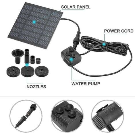 Solcellspump för dammar och fontäner – 1,2W effekt – Max flöde 200 L/h – 120 cm lyfthöjd – 11x11 cm monokristallin kiselpanel