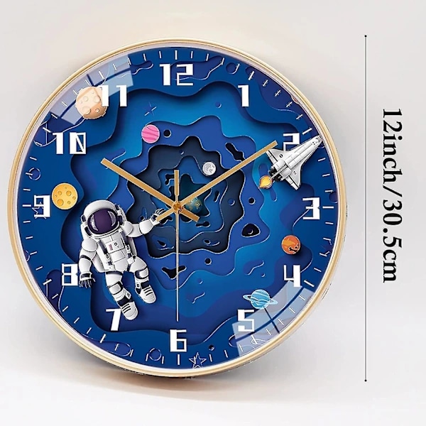 Väggklocka för barnrum, tyst vardagsrum, kreativ universum planet, astronautklocka, rymdklocka, väggklocka, enkel klocka