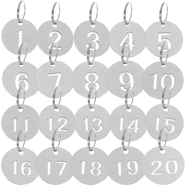 20 stk. nummererede nøgleringe i rustfrit stål med numrene 1-20, ID-tags i rustfrit stål, bagagemærker (2,3X2,3CM, sølv) IC