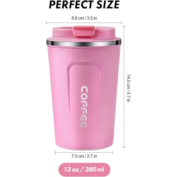 Reisekopp med lekkasikkert lokk Gjenbrukbar isolert kaffekopp for varme og kalde drikker/te Bærbar termos i rustfritt stål Termoskopp for takeaway Pink 380ml