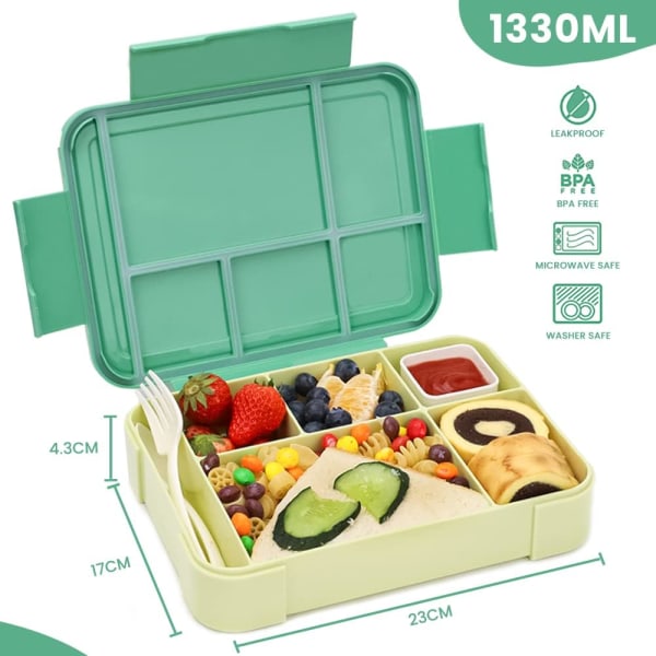 Bento Lunch Box 1330ML, Lunchlåda för barn med 6 fack Bestick, Läckagesäker Lunchlåda Snacklådor för barn Vuxna Green Yellow