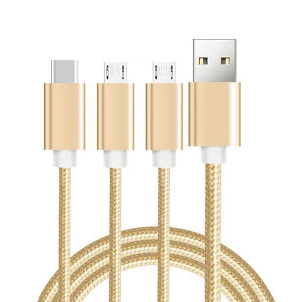 2 stk USB ladekabel Nylon 3-i-1 ladekabel med Type C MicroUSB-kontakter 2m