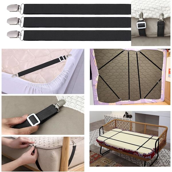 8 st sängklädesklämmor, justerbara sängklädesgripare, hög elastiska lakan med spännen, lakanfästen max stretch 120 cm, lakanhållare Black
