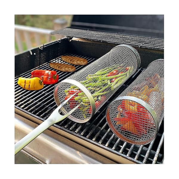2 stk. Rullende Grillkurv - Den Bedste Grillkurv Nogensinde, Rund Grillnet i Rustfrit Stål