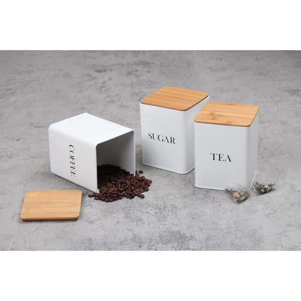 Set med 3 burkar för te, kaffe & socker med lufttäta bambulock, vit