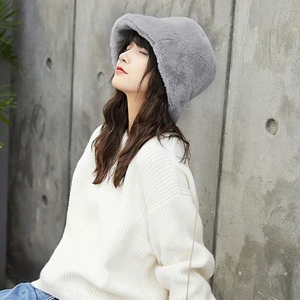 Dam trendig hink med mjuk fuskpäls fluffig tjock bred brätte härlig vinter varm hatt för flickor Gray One Size