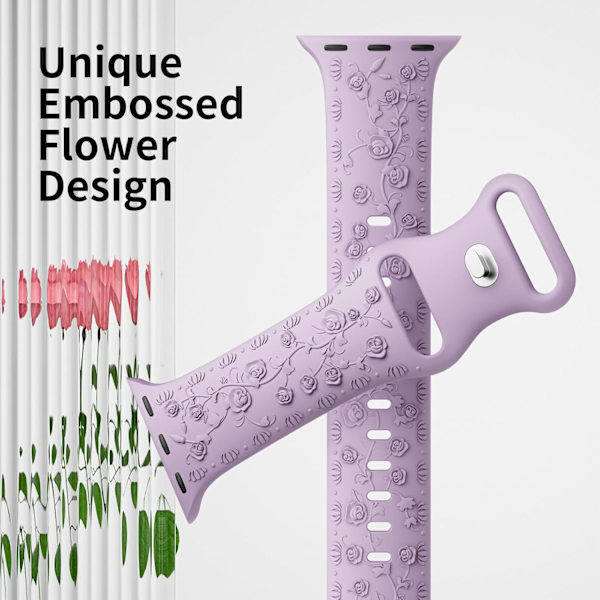 Gravert Rem for Apple Watch-reimer, iwatch-reim Kvinner, Myk Silikon Rose Blomstermønster Bånd for iWatch Series-reim Lavender Purple/Light Blue 38/40/41mm
