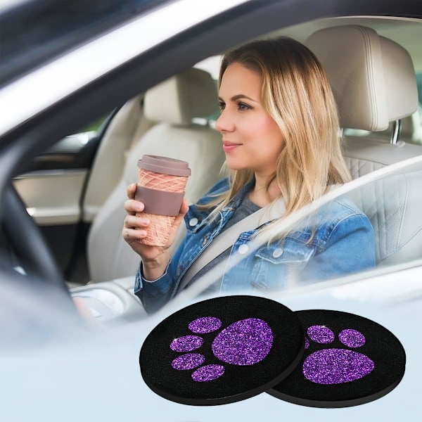 2 stk. Bilkopholder-Køleunderlag, Bling Glitter Rhinestone Paw Print Kopunderlag, Gummi Anti-Slip Indsats Auto Drikkeunderlag, Universelle Bilinteriør Tilbehør Purple