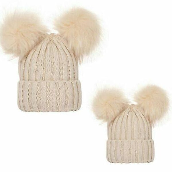 Nyfödd Baby Pojke Flicka Dubbel Pälsboll Mössa Vinter Varm Stickad Toffsmössa Beige Kids(0-3Y)