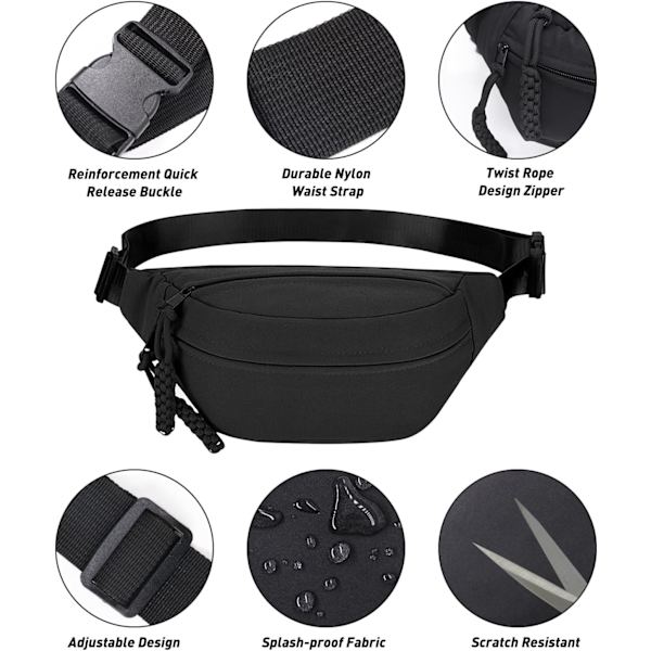 Lång Hållare Midjeväska Fanny Pack för Kvinnor Män Mode Midjeväska Bumbag Cross Body Justerbar Reseväska Stora Fickor för Löpning Black