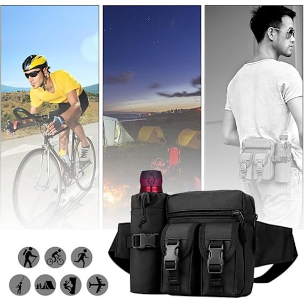 Taktisk Midjeväska med Vattenflaskhållare, Vattentät Midjeväska Militär Utility Canvas Fanny Pack Bumbag för Jogging Vandring Promenad Cykling