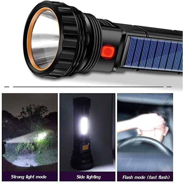 Solcelle/Ladesbar Multifunksjons LED-lommelykt med 1000 Lumen, Nødstrobelys og 1200 mAh Batteri, Nødstromforsyning og USB