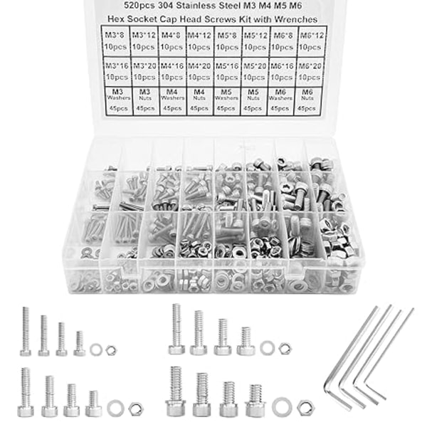 520 Stykker M3 M4 M5 M6 Allen Skrue Sett 304 Rustfritt Stål Skruer Skiver Skruer Muttere Sett Skrue Utvalg Hex Nøkkel Sett Maskinskruer