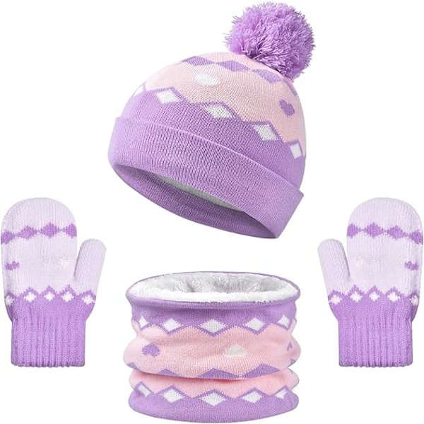 Stickad mössa, halsduk och vantar för barn, vintervarm mössa med pompom för småbarn, fleecefodrad halsduk och vantar, 3-delars set för kallt väder A Purple