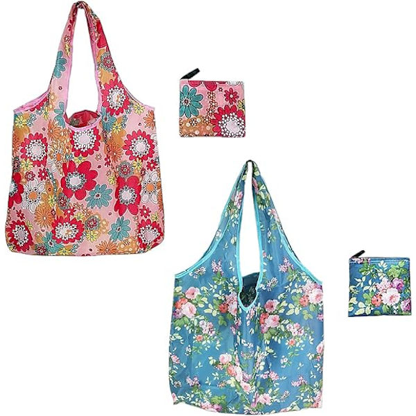 2 Genanvendelige Indkøbsposer, Miljøvenlige Flip Indkøbsposer, Blomster Pastoral Stil Håndtaske (Pink, Blå)