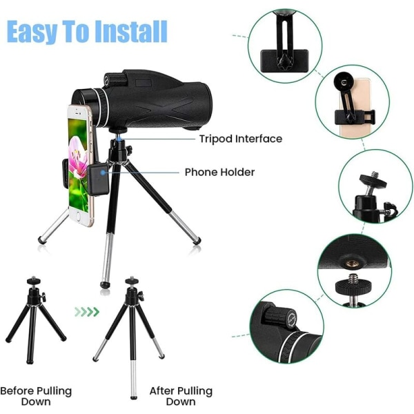 Monokulaari 80x100 Tehokas HD Monokulaari Starscope Monokulaari Älypuhelimen Pidikkeellä ja Vedenkestävällä Jalustalla Lintujen Tarkkailuun, Metsästykseen, Matkustamiseen