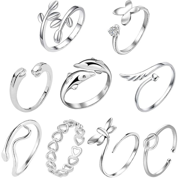 9 st silverfärgade justerbara ringar - set med knutar, justerbara fingerringar, knutringar, tåringar, strandjuveler, gåvor till kvinnor och flickor