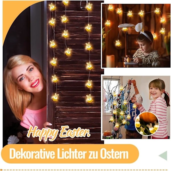 Ljuskedja med kaninfigurer för påsk 220 cm mikro-LED påskljuskedja batteridriven påsk med LED påskdekorationer Kanin