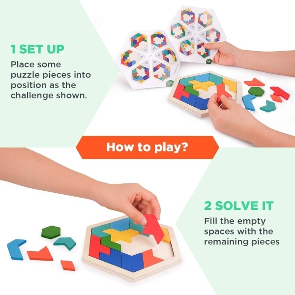 Träpussel för barn - Hexagonalt mönster Tetris Block Tangram Logik IQ Spel Hjärnträningsleksak Present för tonåringar