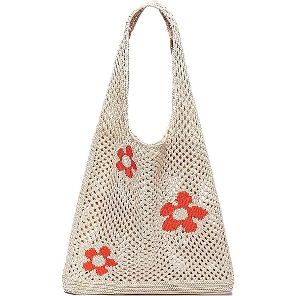 Kvinders Hæklet Tote Bag Sommer Strand Vævet Taske Stor Boho Strikket Skuldertaske Blomst Slouch Mesh Hul Tote Bag Shopping Rejse Casual Pung Ferie Beige