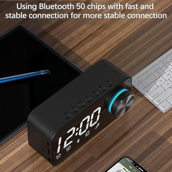 Digital Vekkerklokke med Bluetooth-høyttaler, Smart Vekkerklokke Bærbar Plug-in Kort Trådløs Høyttaler Radio, Dimbar LED-skjerm, Dobbel Alarm, Snooze,
